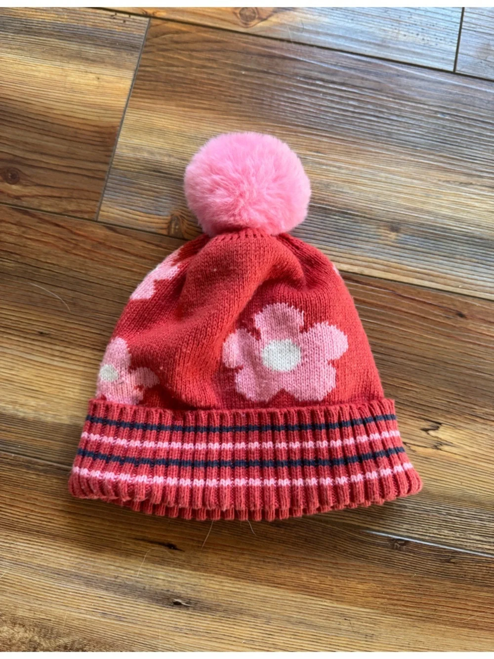 Small kids Pink Floral Pom Pom Beanie Hat
